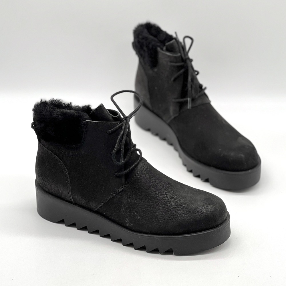 EILEEN FISHER Kenille Sport Suede Boot Womens 7.5 Black Shearling Wedge NEW